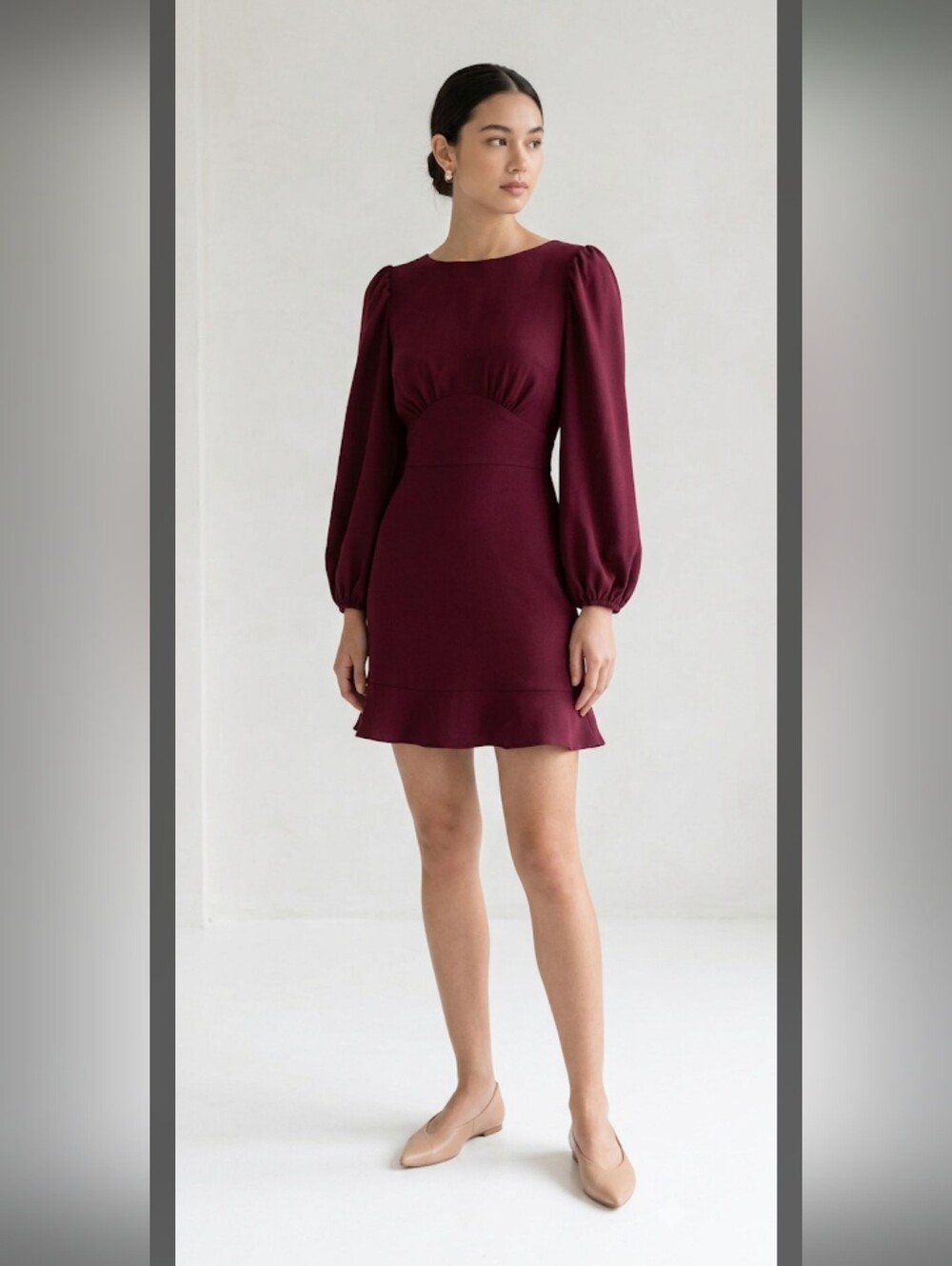 NWT Express Long Sleeve Ruched Empire Waist Fit Flare Dress XS Burgundy 90s